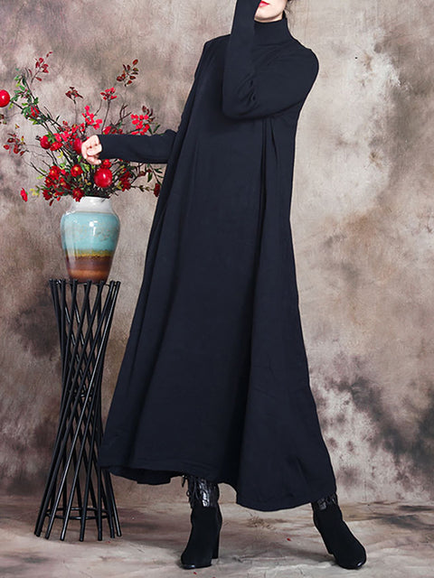 Plus Size Women Pure Color Knitted High Neckline Dress