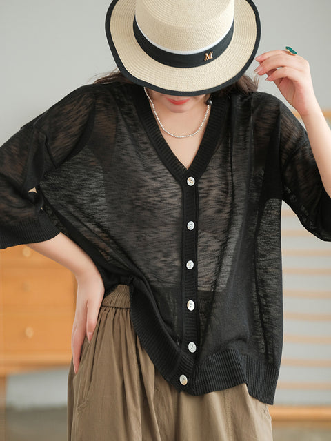 Plus Size Women Summer V-Neck Casual Loose Knit Shirt