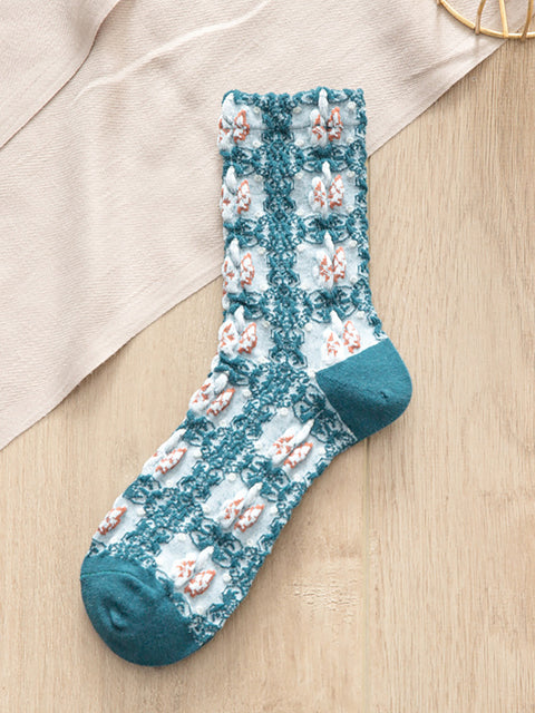 5 pares de meias femininas casuais florais de algodão puro