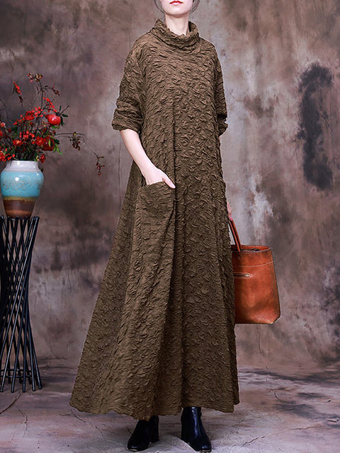 Plus Size Pocket Pleated Long Sleeve Women Maxi Dress