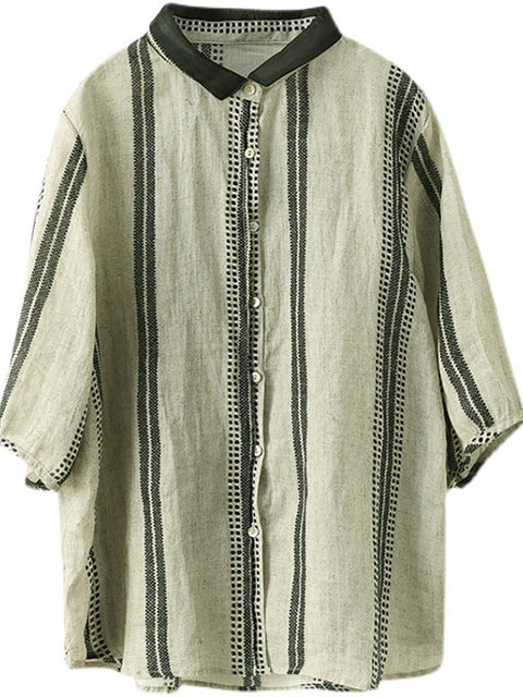 Plus Size Vintage Stripe Ramie Casual Verão Mulheres Camisa